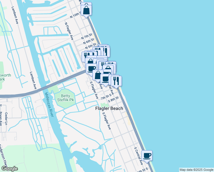 map of restaurants, bars, coffee shops, grocery stores, and more near 205 South 5th Street in Flagler Beach