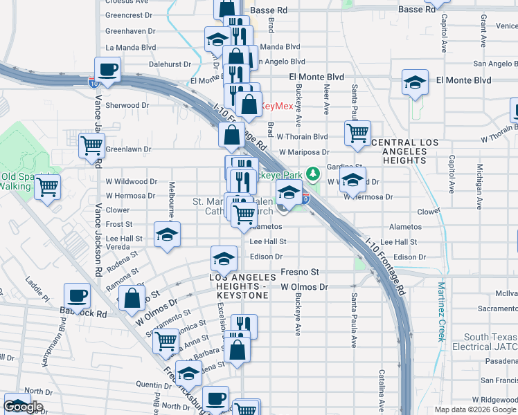 map of restaurants, bars, coffee shops, grocery stores, and more near 1801 Clower in San Antonio