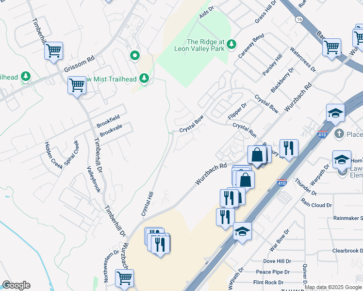 map of restaurants, bars, coffee shops, grocery stores, and more near 6602 Burton Bay in San Antonio