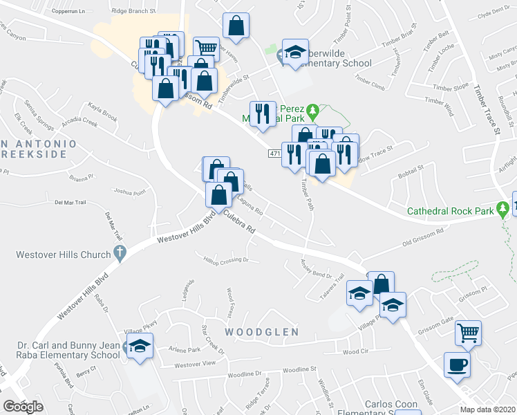 map of restaurants, bars, coffee shops, grocery stores, and more near 8915 Laguna Rio in San Antonio