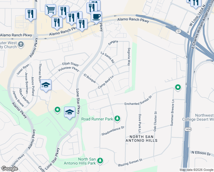 map of restaurants, bars, coffee shops, grocery stores, and more near 4527 Lugo Way in San Antonio