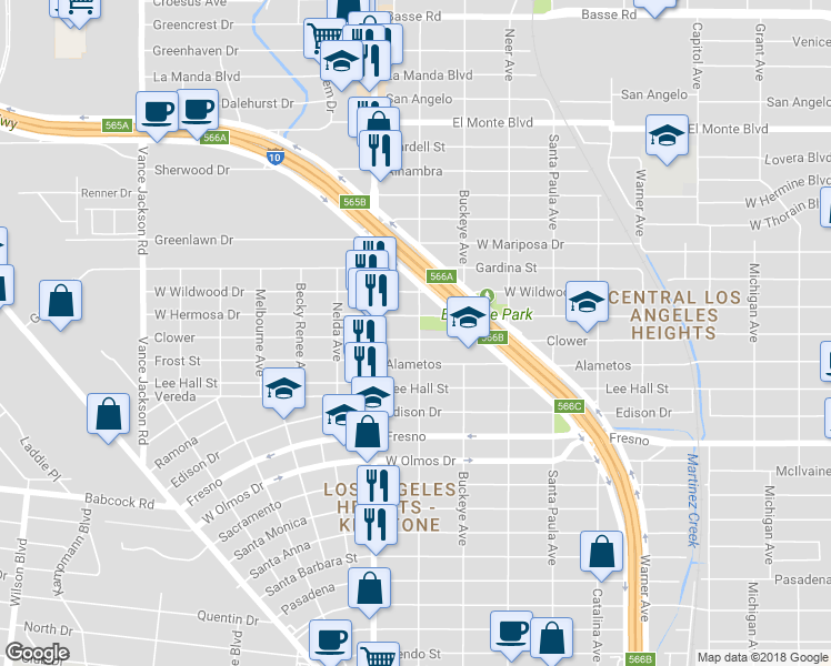 map of restaurants, bars, coffee shops, grocery stores, and more near 1801 Clower in San Antonio