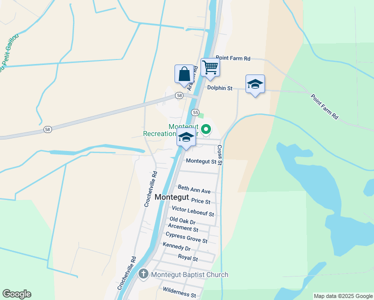 map of restaurants, bars, coffee shops, grocery stores, and more near 116 South Legion Drive in Montegut