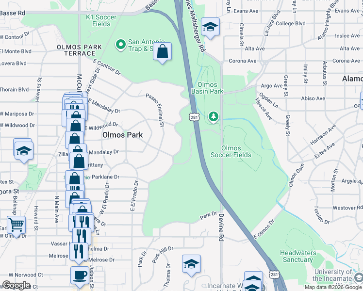 map of restaurants, bars, coffee shops, grocery stores, and more near 715 East Contour Drive in Olmos Park