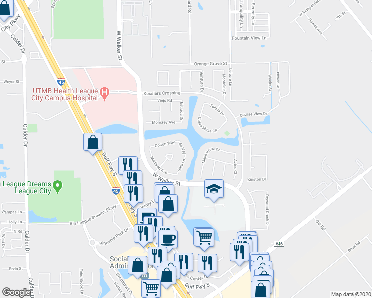 map of restaurants, bars, coffee shops, grocery stores, and more near 2576 Eli Way in League City