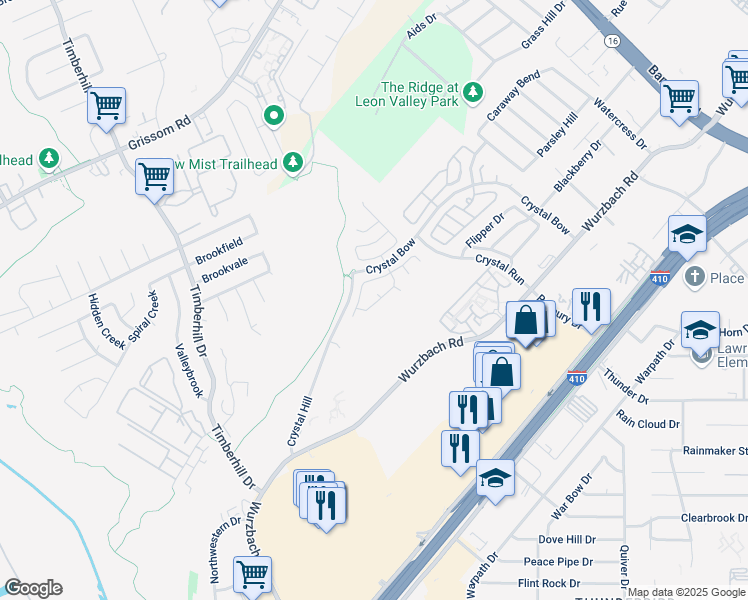 map of restaurants, bars, coffee shops, grocery stores, and more near 6602 Burton Bay in San Antonio