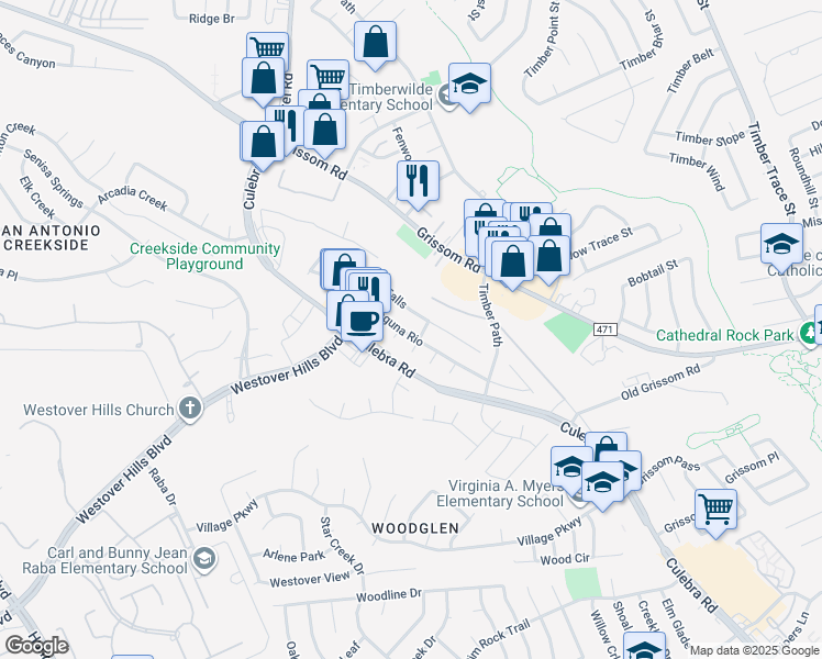 map of restaurants, bars, coffee shops, grocery stores, and more near 8915 Laguna Rio in San Antonio