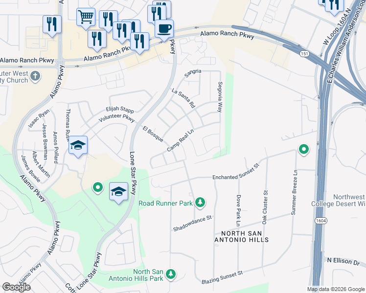 map of restaurants, bars, coffee shops, grocery stores, and more near 4526 Tarifa Way in San Antonio