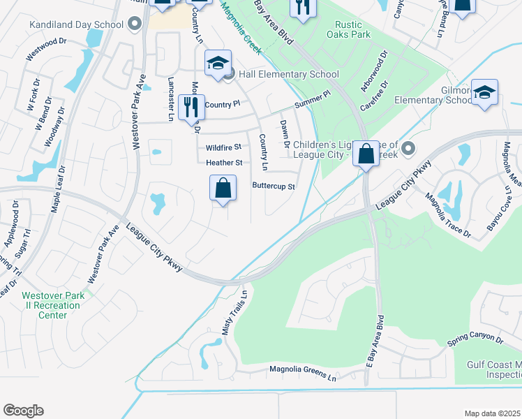 map of restaurants, bars, coffee shops, grocery stores, and more near 627 Meadowbriar Street in League City