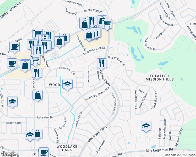 map of restaurants, bars, coffee shops, grocery stores, and more near 5513 Allbrook in San Antonio