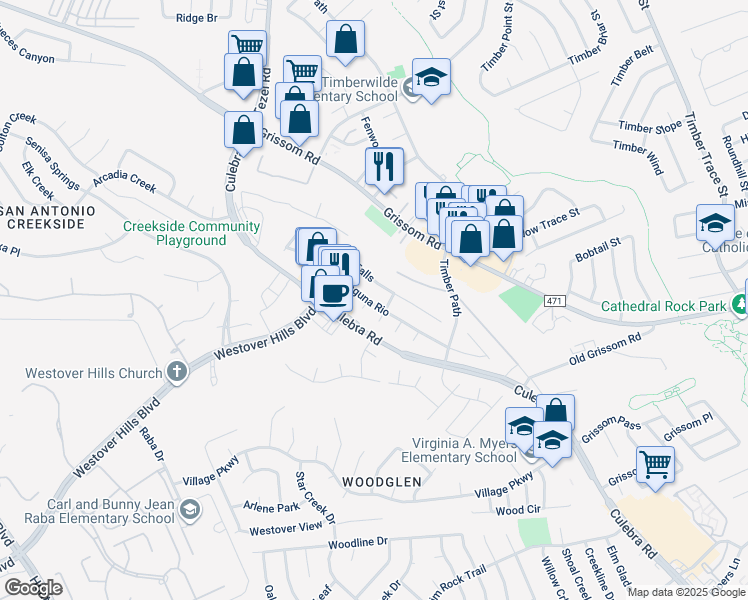 map of restaurants, bars, coffee shops, grocery stores, and more near 8915 Laguna Rio in San Antonio