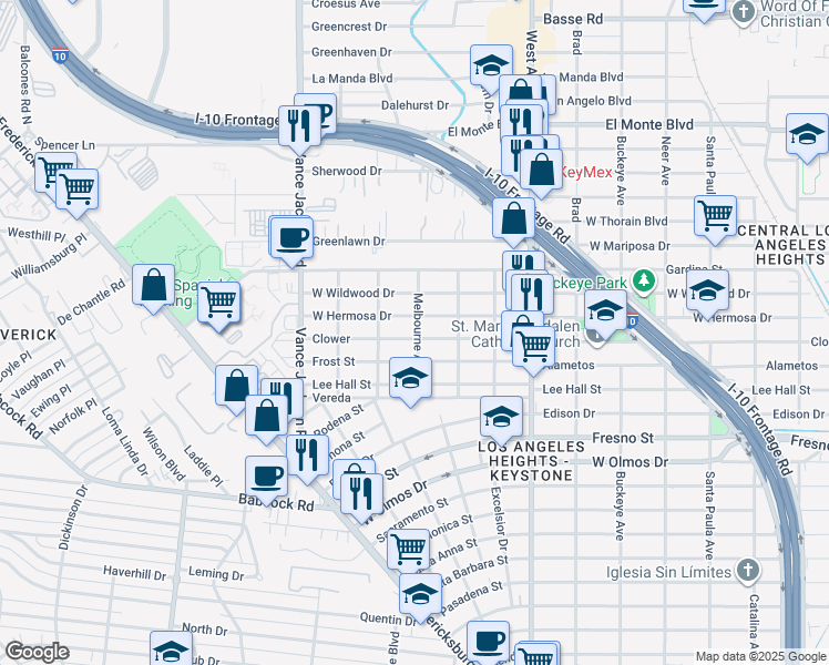 map of restaurants, bars, coffee shops, grocery stores, and more near 2201 Clower in San Antonio