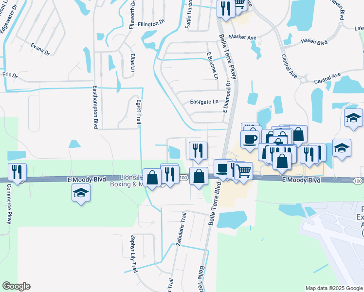 map of restaurants, bars, coffee shops, grocery stores, and more near 4600 East Moody Boulevard in Bunnell
