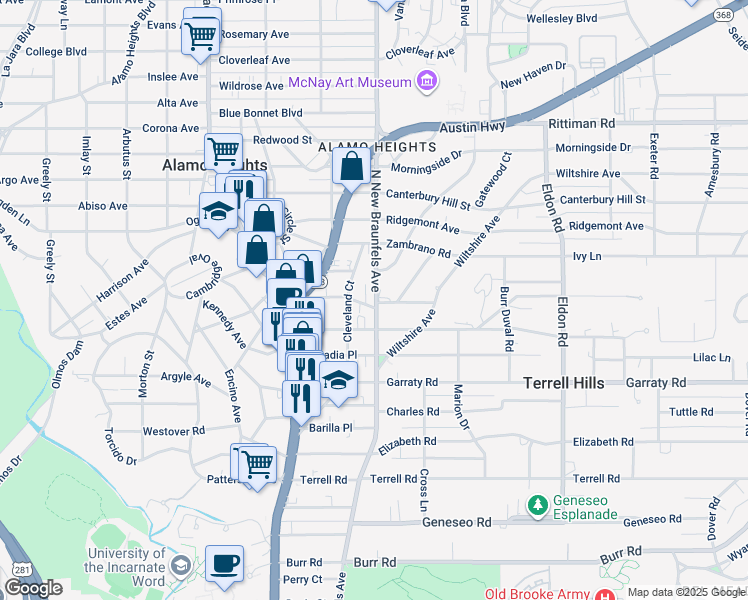 map of restaurants, bars, coffee shops, grocery stores, and more near 207 Chichester Place in San Antonio