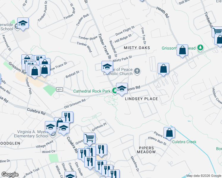 map of restaurants, bars, coffee shops, grocery stores, and more near 8006 Echo Wind Street in San Antonio