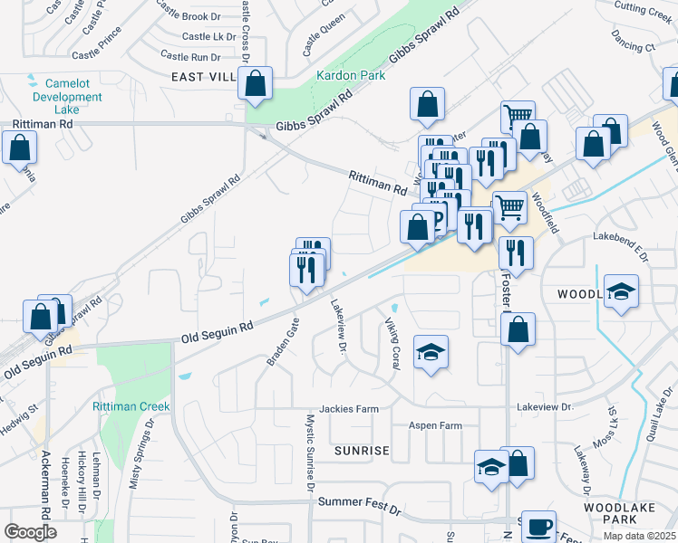 map of restaurants, bars, coffee shops, grocery stores, and more near 5495 Seguin Road in San Antonio