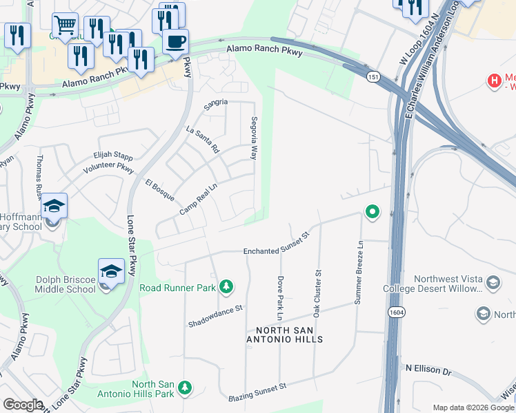 map of restaurants, bars, coffee shops, grocery stores, and more near 4602 Segovia Way in San Antonio