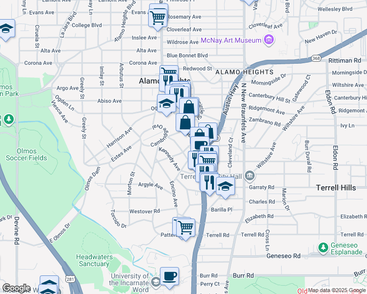 map of restaurants, bars, coffee shops, grocery stores, and more near 131 Saint Dennis Avenue in Alamo Heights