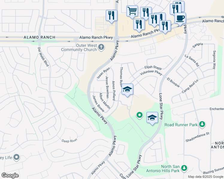 map of restaurants, bars, coffee shops, grocery stores, and more near 4507 Amos Pollard in San Antonio