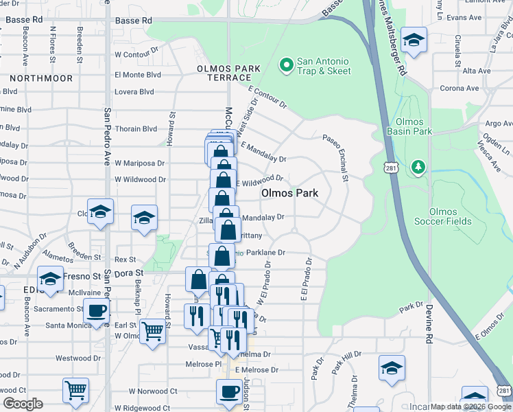 map of restaurants, bars, coffee shops, grocery stores, and more near 134 East Hermosa Drive in San Antonio