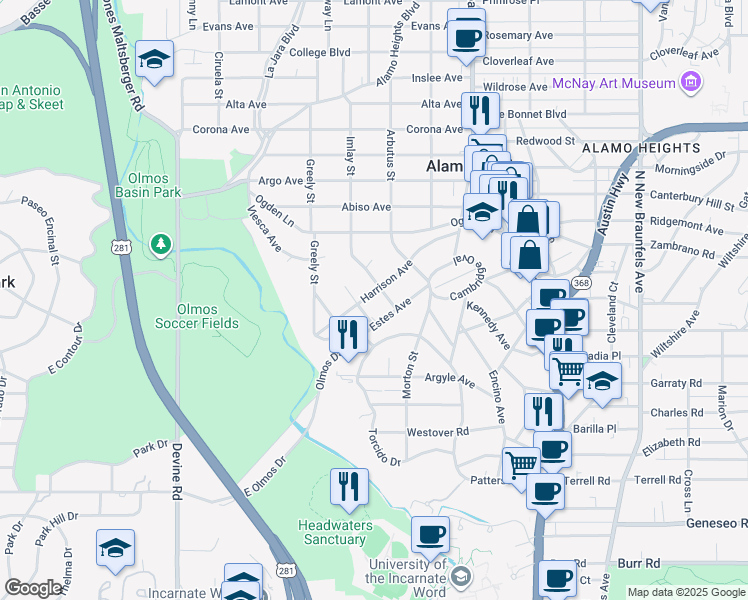 map of restaurants, bars, coffee shops, grocery stores, and more near 304 Harrison Avenue in San Antonio
