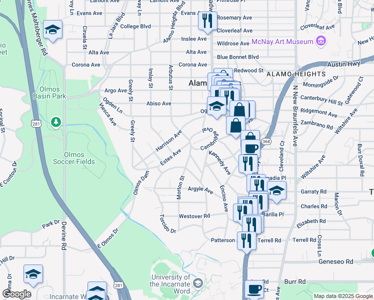 map of restaurants, bars, coffee shops, grocery stores, and more near 862 Estes Avenue in San Antonio