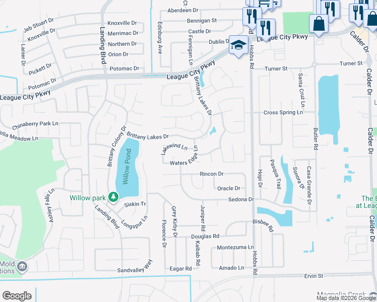 map of restaurants, bars, coffee shops, grocery stores, and more near 2120 Lakewind Court in League City