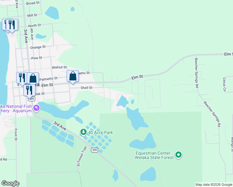 map of restaurants, bars, coffee shops, grocery stores, and more near 220 Oak Ridge Drive in Welaka