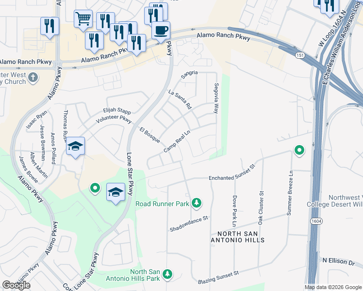 map of restaurants, bars, coffee shops, grocery stores, and more near 4526 Tarifa Way in San Antonio