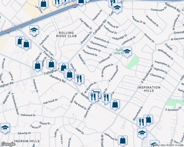 map of restaurants, bars, coffee shops, grocery stores, and more near 102 Colebrook Drive in San Antonio
