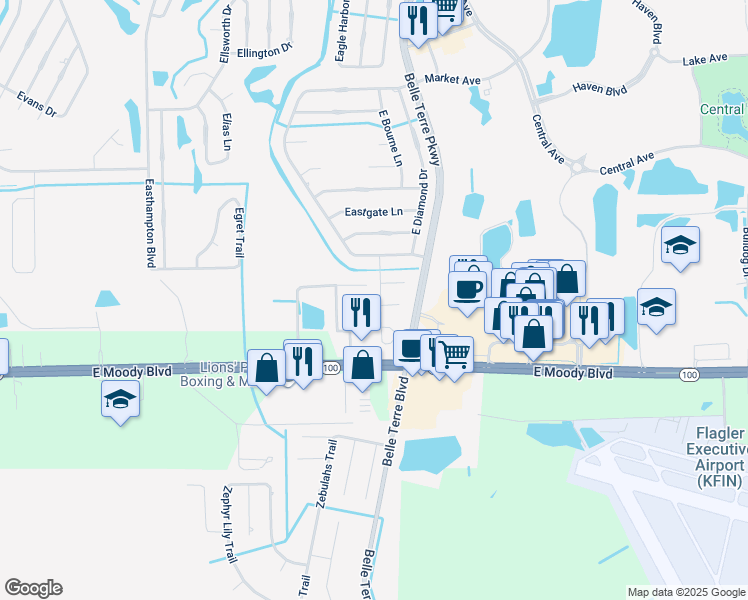 map of restaurants, bars, coffee shops, grocery stores, and more near 12 Easterly Place in Palm Coast