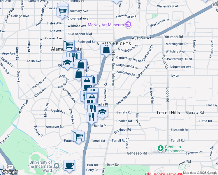 map of restaurants, bars, coffee shops, grocery stores, and more near 207 Chichester Place in San Antonio