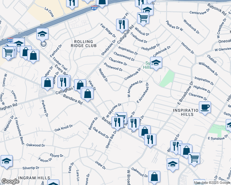 map of restaurants, bars, coffee shops, grocery stores, and more near 102 Colebrook Drive in San Antonio