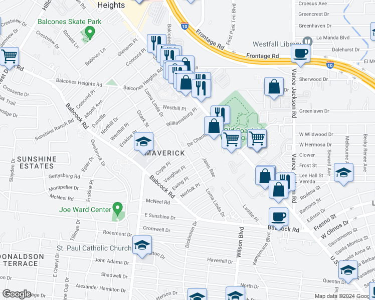 map of restaurants, bars, coffee shops, grocery stores, and more near 182 De Chantle Road in San Antonio