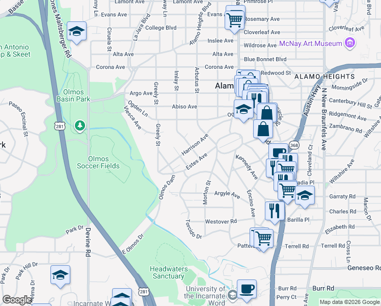map of restaurants, bars, coffee shops, grocery stores, and more near 304 Harrison Avenue in San Antonio