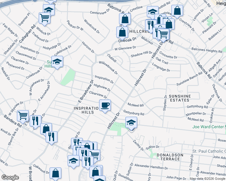 map of restaurants, bars, coffee shops, grocery stores, and more near 131 Highview Drive in San Antonio