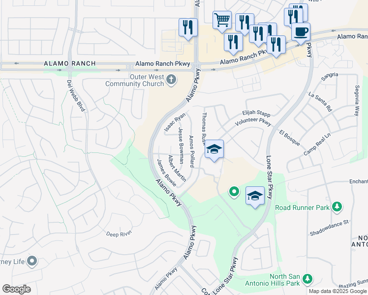 map of restaurants, bars, coffee shops, grocery stores, and more near 4507 Amos Pollard in San Antonio