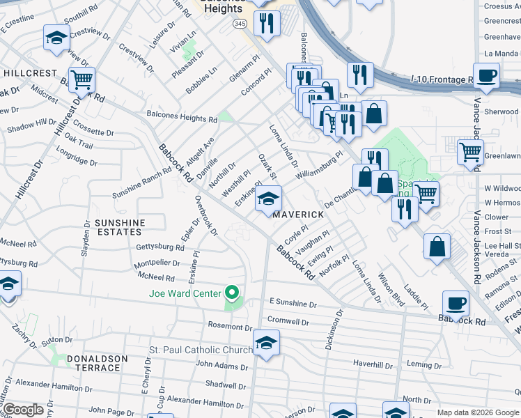 map of restaurants, bars, coffee shops, grocery stores, and more near 534 Williamsburg Place in San Antonio