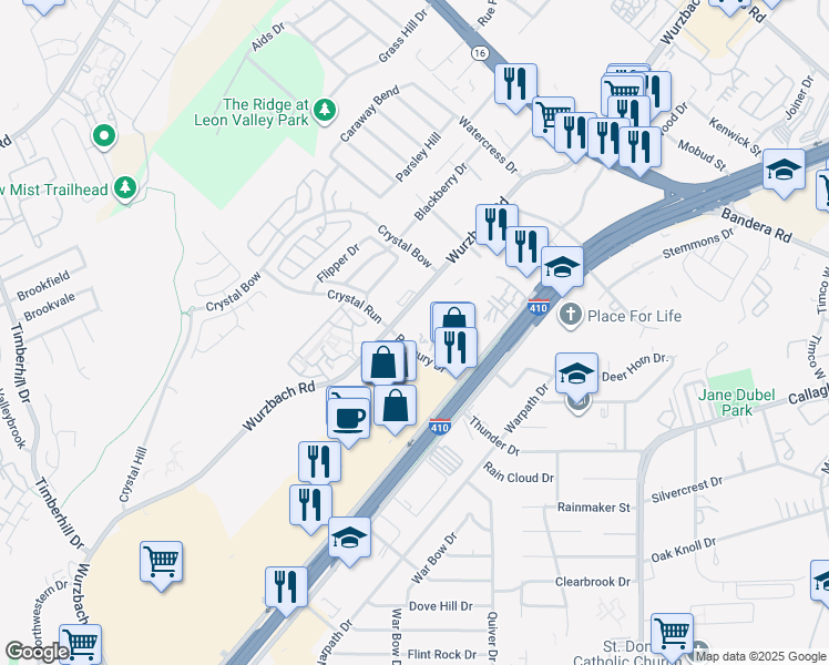 map of restaurants, bars, coffee shops, grocery stores, and more near 6202 Roxbury Drive in San Antonio