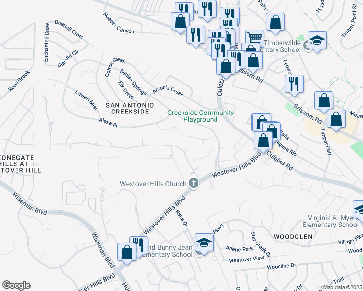 map of restaurants, bars, coffee shops, grocery stores, and more near 4502 Del Mar Trail in San Antonio