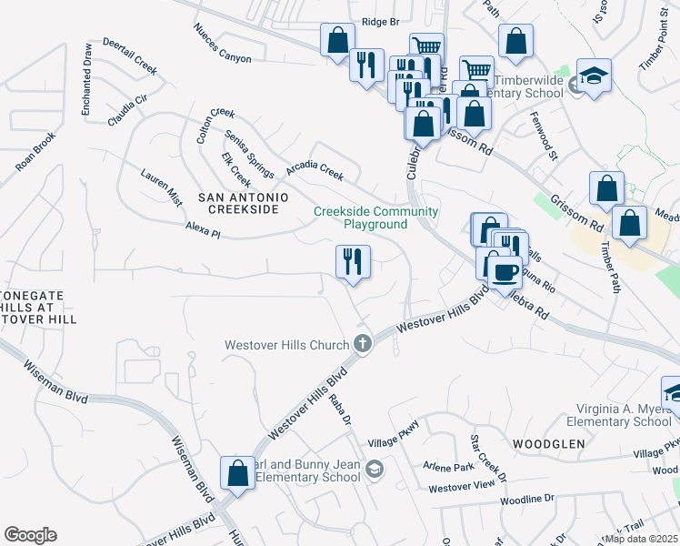 map of restaurants, bars, coffee shops, grocery stores, and more near 4502 Del Mar Trail in San Antonio