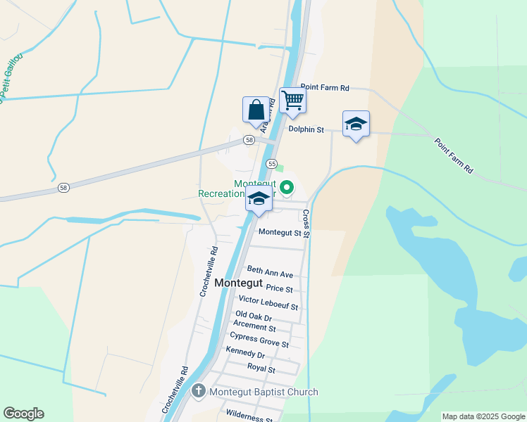 map of restaurants, bars, coffee shops, grocery stores, and more near 116-198 South Legion Drive in Montegut
