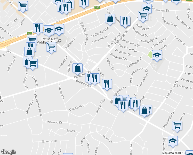 map of restaurants, bars, coffee shops, grocery stores, and more near 4927 Evers Road in San Antonio
