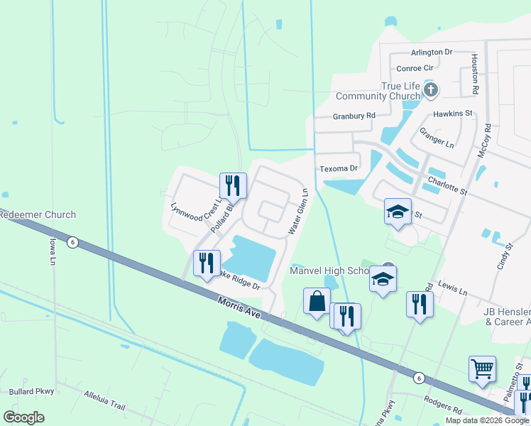 map of restaurants, bars, coffee shops, grocery stores, and more near 19111 Shoreside Terrace Drive in Manvel
