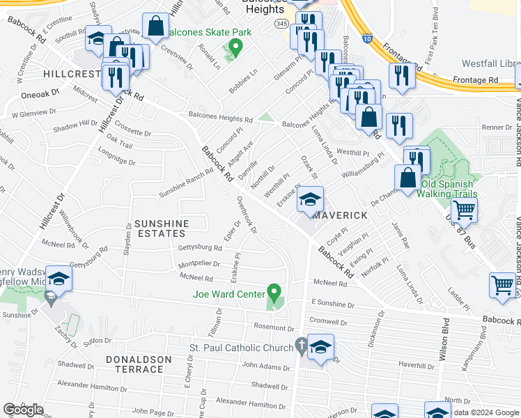 map of restaurants, bars, coffee shops, grocery stores, and more near 730 Babcock Road in San Antonio