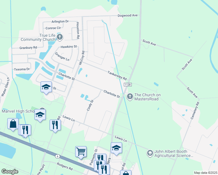 map of restaurants, bars, coffee shops, grocery stores, and more near 7211 Charlotte Street in Manvel