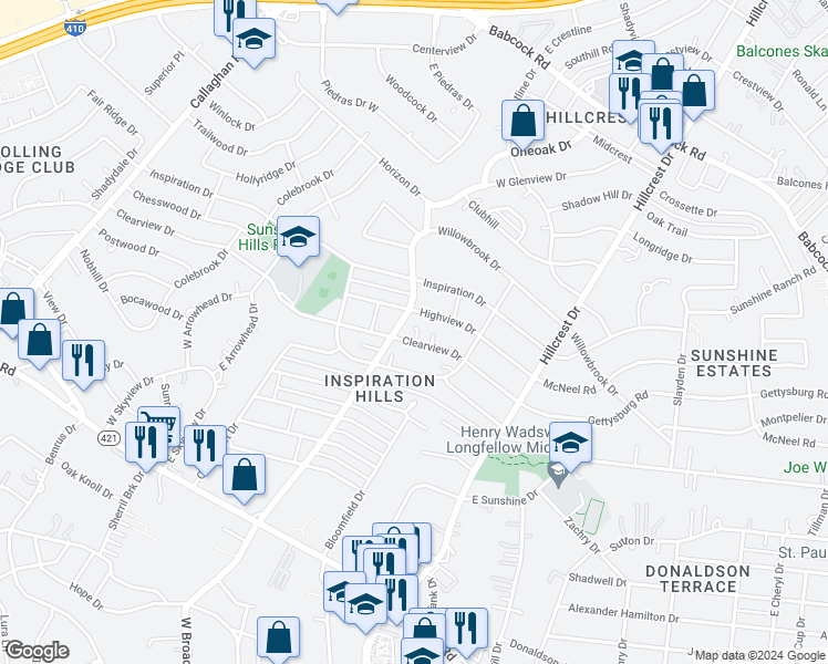 map of restaurants, bars, coffee shops, grocery stores, and more near 227 Clearview Drive in San Antonio