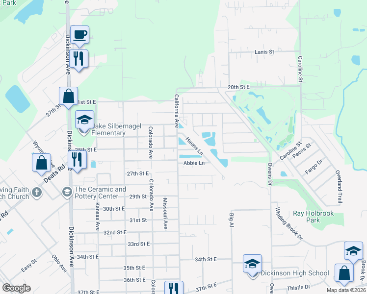 map of restaurants, bars, coffee shops, grocery stores, and more near 5008 Asia Lane in Dickinson