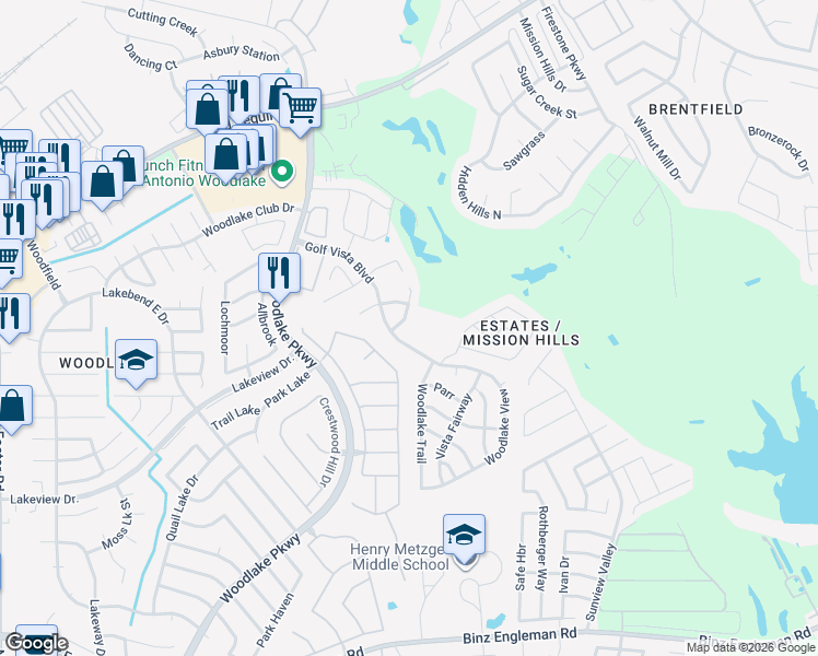 map of restaurants, bars, coffee shops, grocery stores, and more near 5418 Verdugos Place in San Antonio