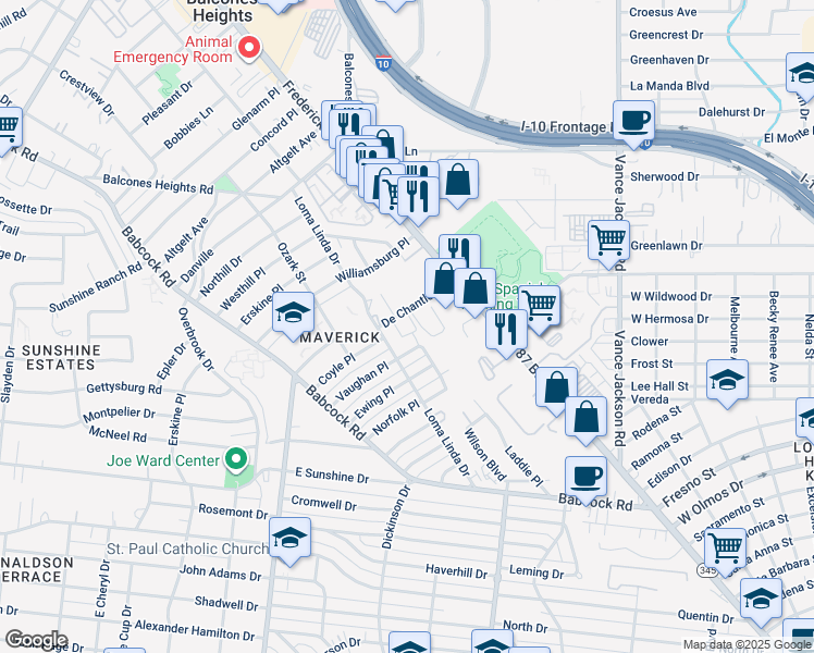 map of restaurants, bars, coffee shops, grocery stores, and more near 182 De Chantle Road in San Antonio